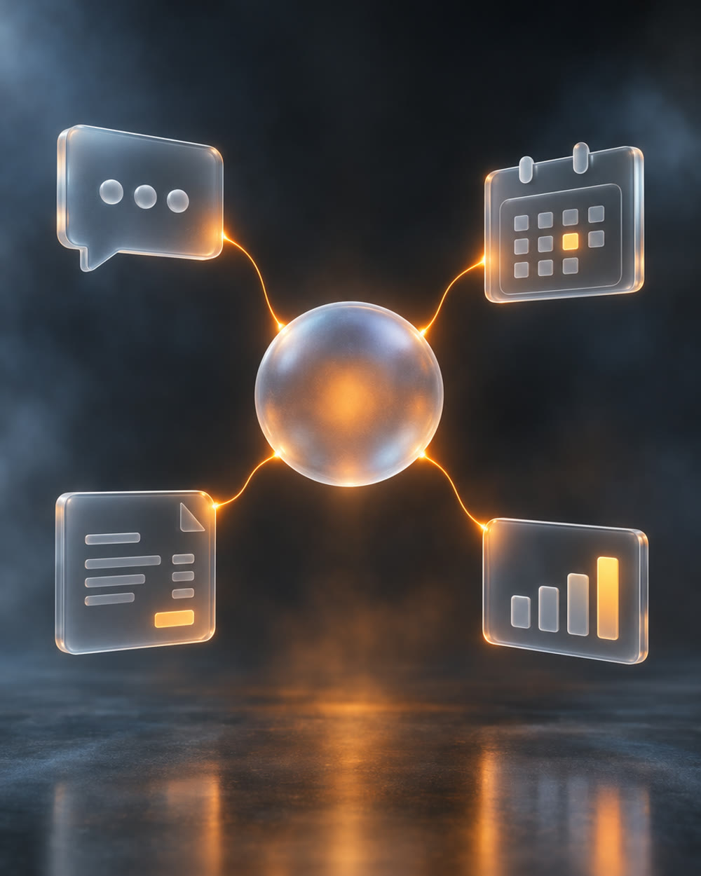 A glass sphere linked by orange light to a chat bubble, calendar, invoice and chart