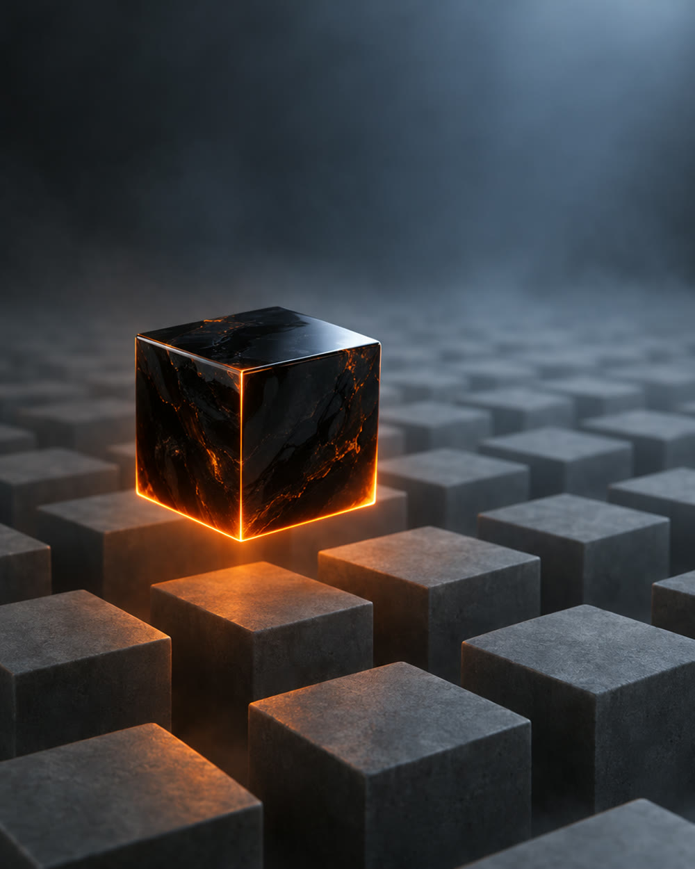 One polished black cube glowing orange above a grid of grey cubes