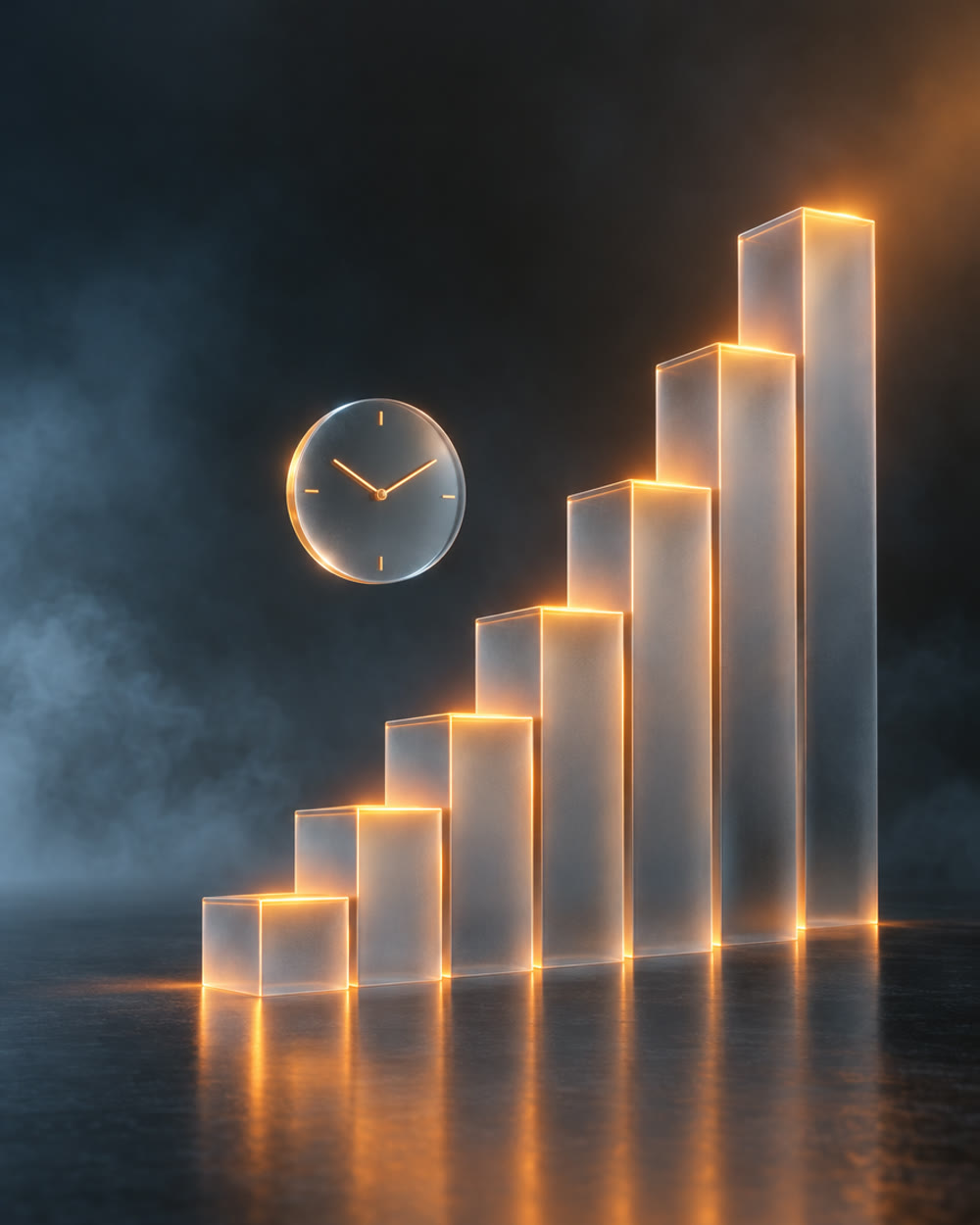A staircase of glass bars rising like a chart beside a glass clock