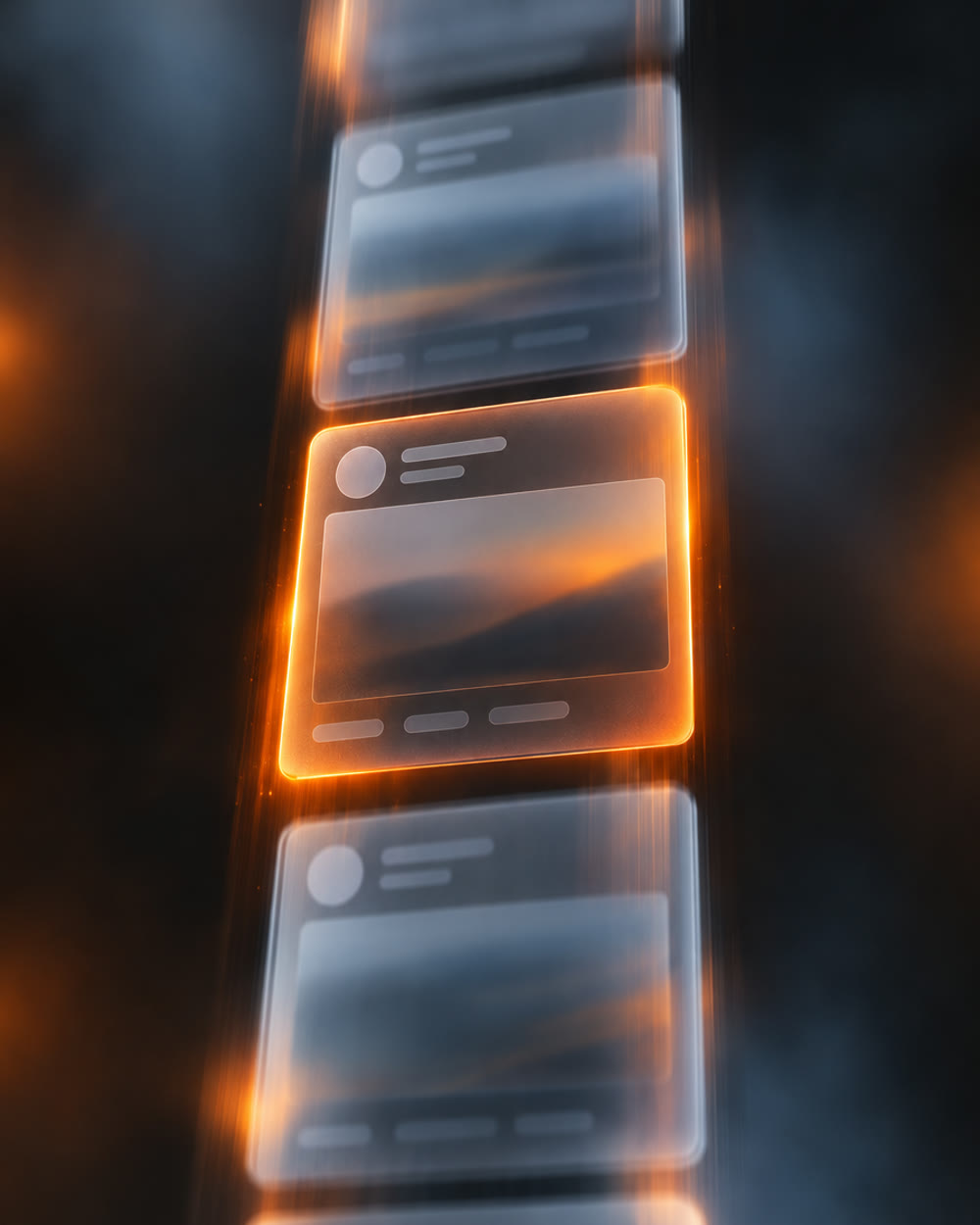 A stack of glass social feed cards streaking past, one glowing orange