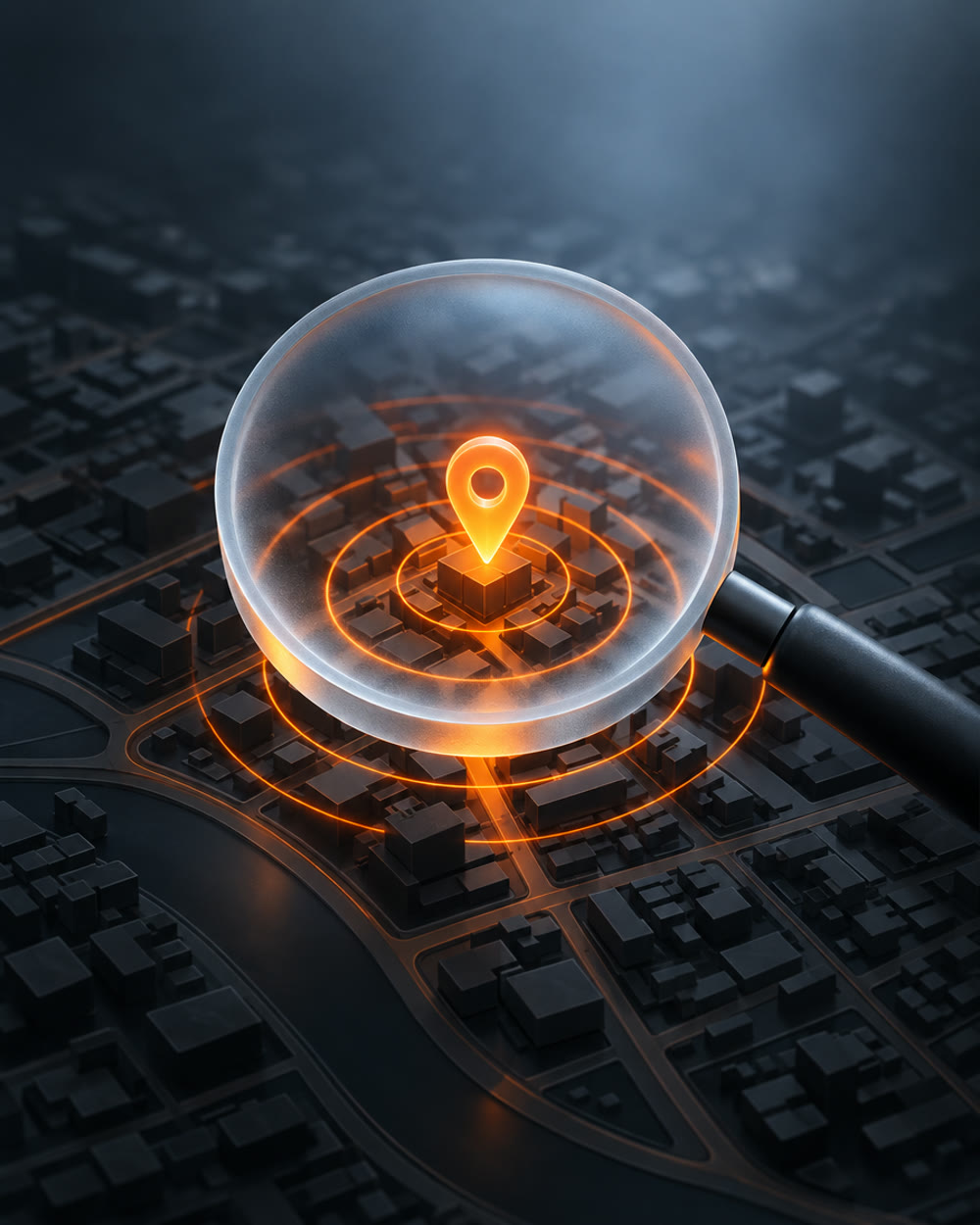 A glass magnifying lens over a dark city map with a glowing orange pin