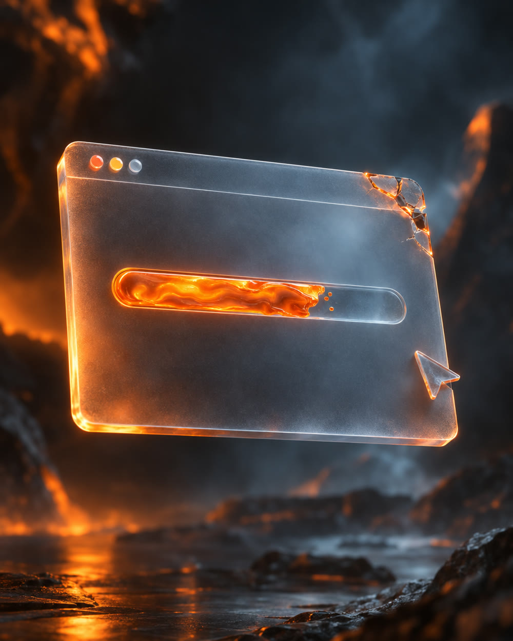 A cracked frosted glass browser window with an unfinished orange loading bar