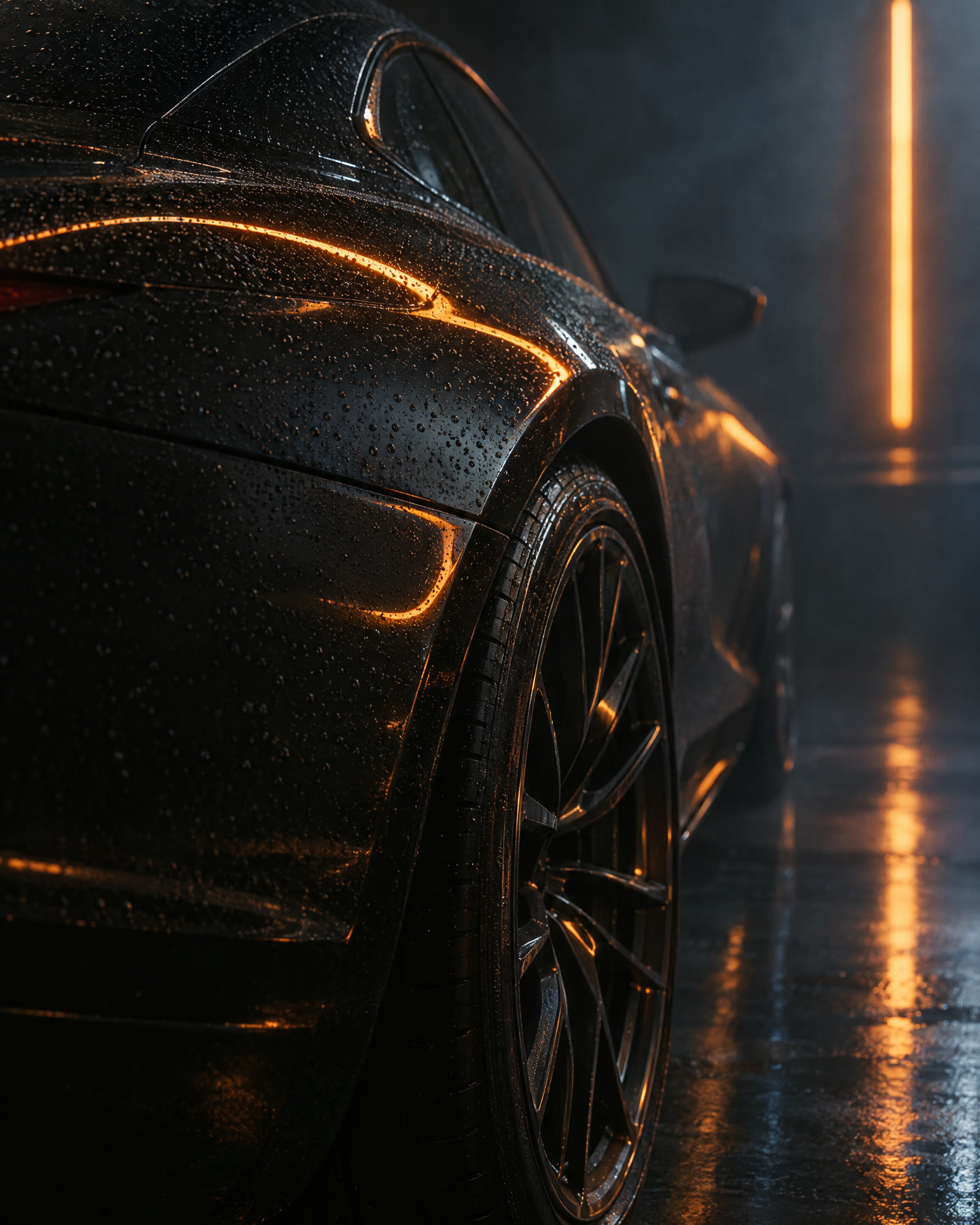 Water beads on freshly coated black car paint reflecting an orange light strip