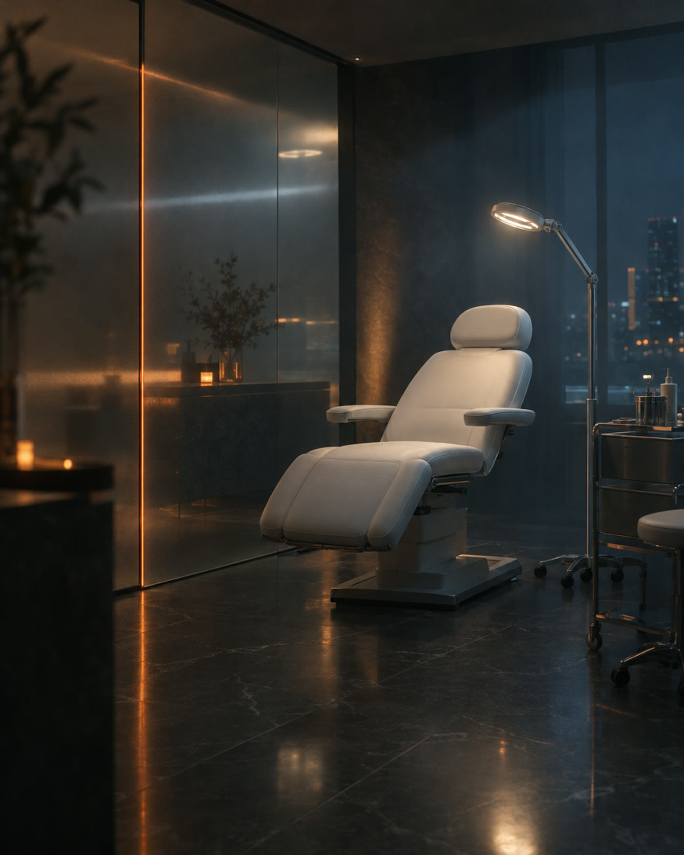 A clean treatment chair in a dark modern clinic with an orange light line on frosted glass