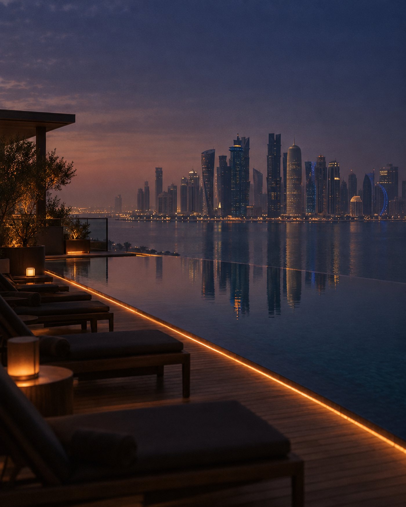 A rooftop infinity pool at dusk reflecting the Doha skyline, lit by a thin orange light strip