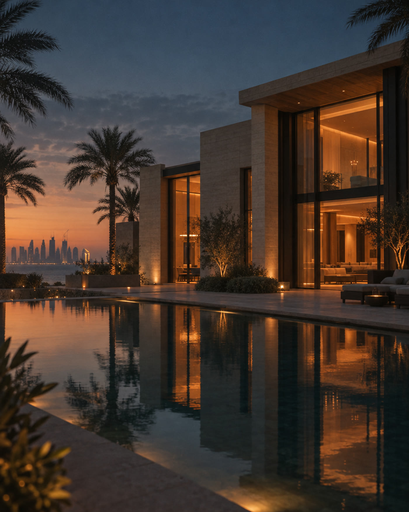 A modern villa at dusk with warm light inside and a still reflecting pool